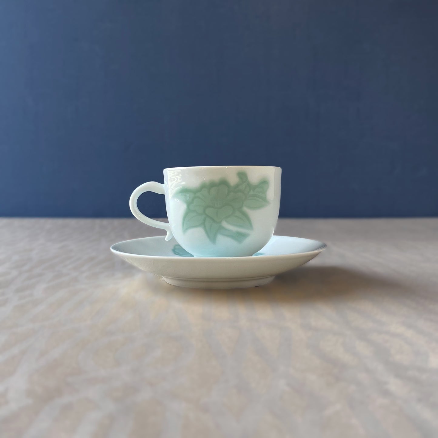 Arita ware | Living National Treasure | Manji Inoue | White porcelain green glaze camellia carving , coffee bowl